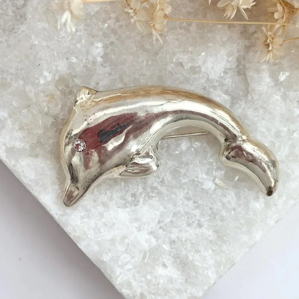 Sterling Polished Silver Dolphin Shaped Large 3 Dimensional Vintage Brooch Pin